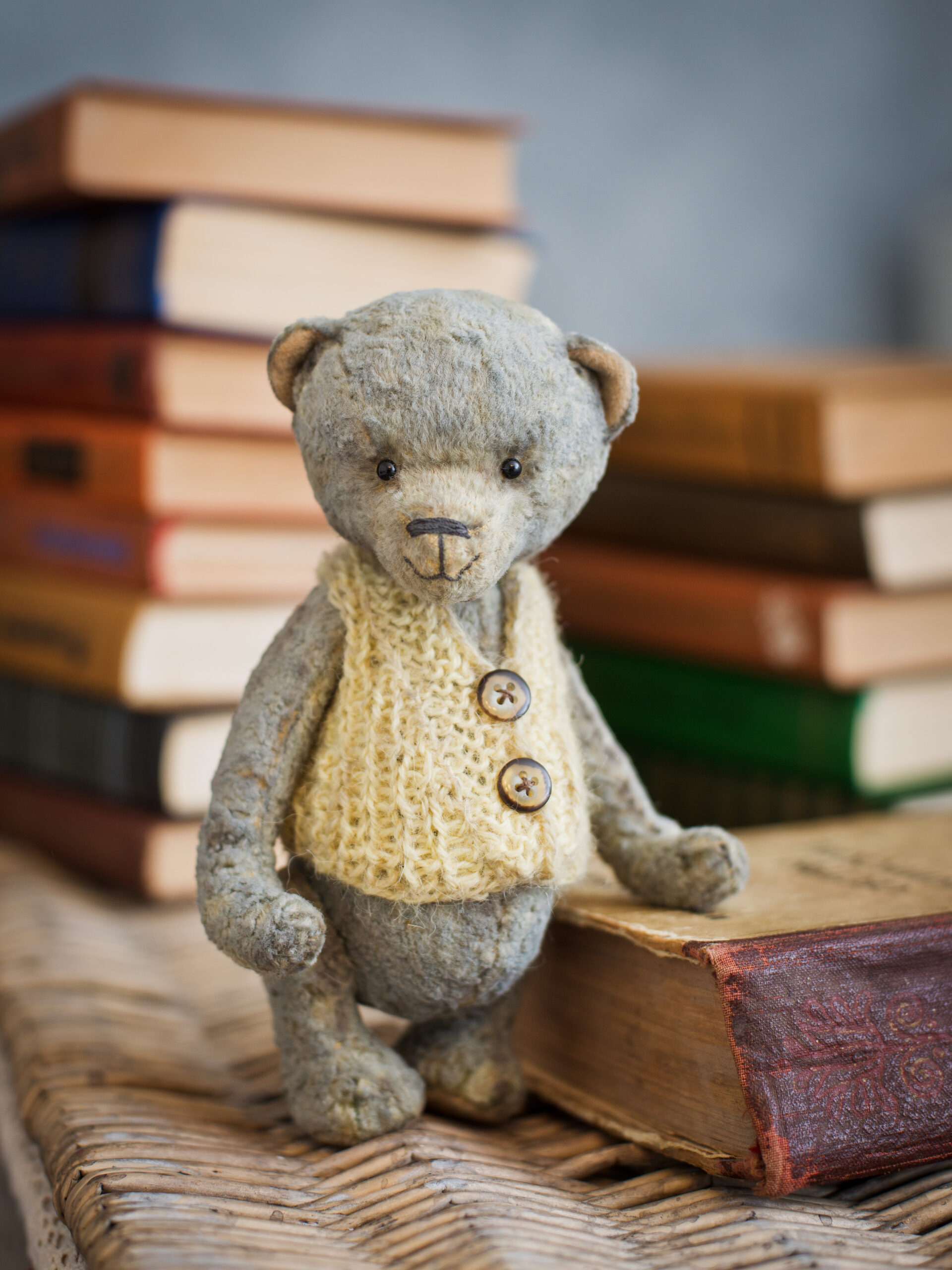 Teddy bear sits on a vintage book
